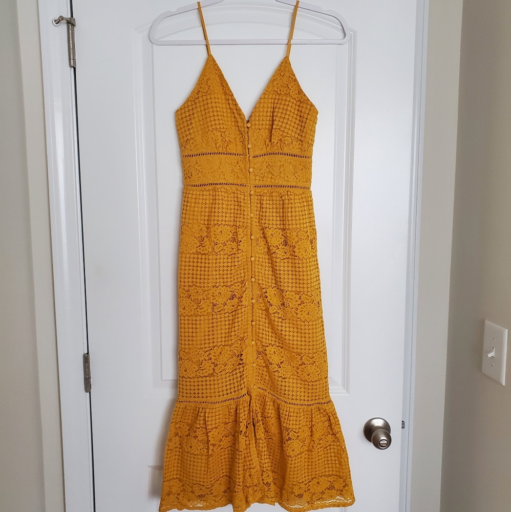 Francescas Mustard Crochet Front Button Dress